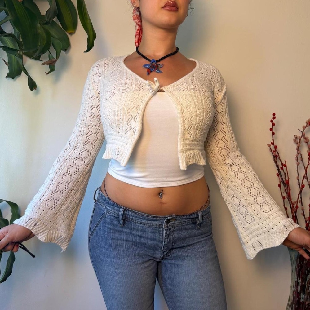 Art Class Boho Cream Crochet Bell Sleeve Tie Front Cropped Cardigan Shrug L